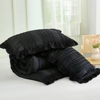 WONGS BEDDING Black Comforter Set King,3 Pieces Ruffle Farmhouse Shabby Chic Boho Comforter for King Bed,Soft Textured Bedding Set with 1 Ruffle Comforter,2 Tufted Pillowcases 104"×90"