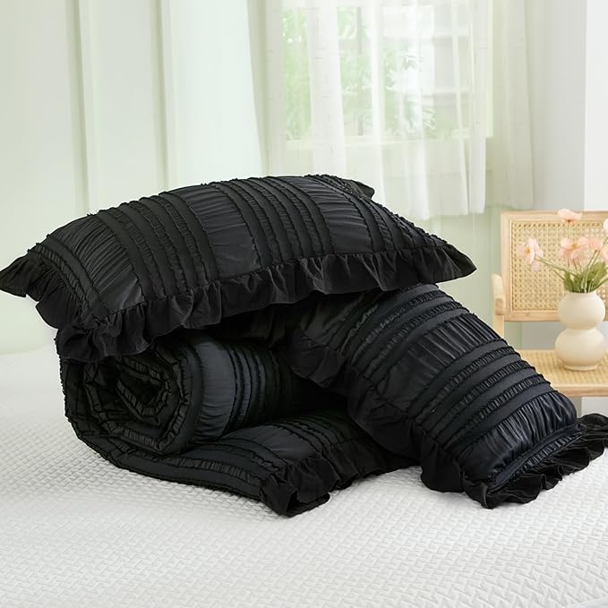 WONGS BEDDING Black Comforter Set King,3 Pieces Ruffle Farmhouse Shabby Chic Boho Comforter for King Bed,Soft Textured Bedding Set with 1 Ruffle Comforter,2 Tufted Pillowcases 104"×90"