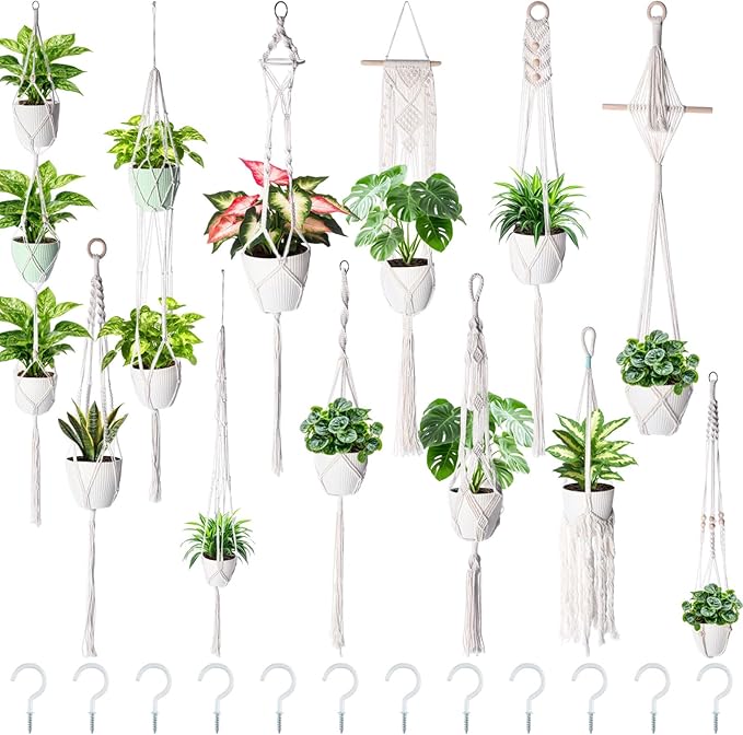 SATINIOR 12 Pcs Macrame Plant Hangers Handmade Boho Hanging Planters 12 Different Tiered Designs with 12 Hooks for Flower Pots Indoor Outdoor Decorative Wall Hanging Baskets for Home(Boho,White)