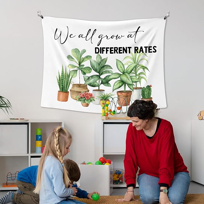 XLDLIOO Mental Health Plant Wall Tapestry, Inspirational Wall Tapestry Hanging for Classroom, We All Grow at Different Rates Tapestries Decor Art for Therapy Counselor Office 40x30in
