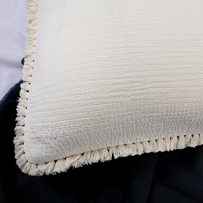 YINFUNG Quilted Euro Sham Ivory Set of 2 Muslin Cotton 26×26 European Pillow Cover Tassel Fringe Boho Decorative Textured Gauze Moroccan Soft Suqare for Bed Couch Sofa Cream