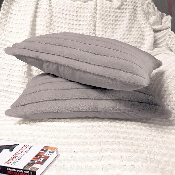 2 Pack 12x20 Pillow Cover Velvet Pillow Covers, Faux Fur Oblong Throw Pillow Covers for Living Room Decorations, Grey
