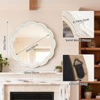 30 Inch Round Wall Mirror, Whitewashed Wooden Frame with Scalloped Edge & Beaded Trim, Decorative Farmhouse Boho Mirror for Bedroom, Bathroom, Living Room, Entryway