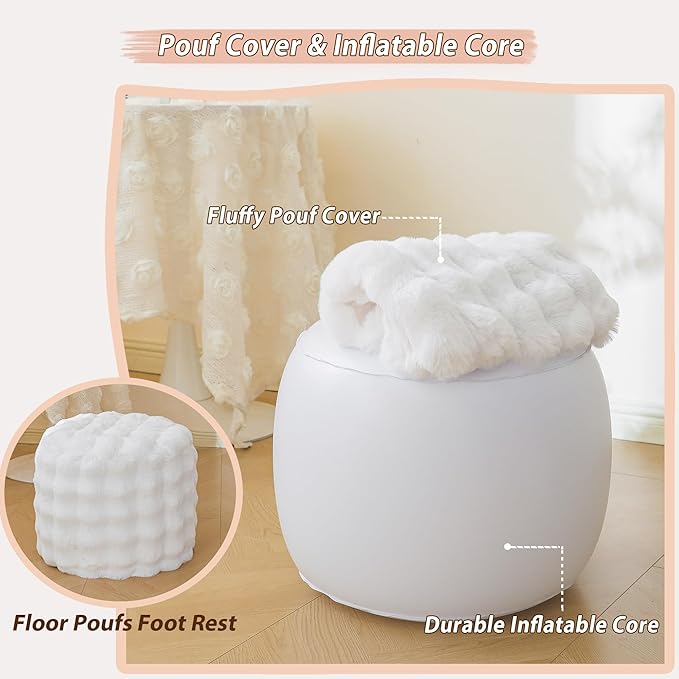 LIFEREVO Luxury Faux Rabbit Fur Round Inflatable Pouf Ottoman, 20 X 16 Fluffy Plush Waffle Bubble Floor Poufs Foot Stool Rest Anti-Slip Furry Foldable Ottoman Seat for Home Decor Kids Adults, White