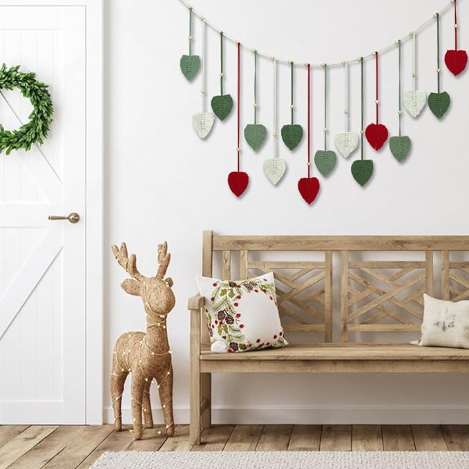 EOBTAIN Macrame Leaf Wall Hanging Large,Boho Red and Green Leaves Woven Tapestry Christmas Home Decor,Handcrafted Tassels Textile Feather Wall Art Decor for Nursery Living Room Bedroom Chic Decoration