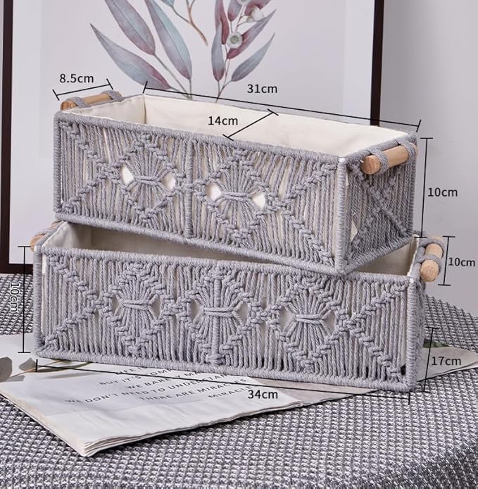 Macrame Storage Basket Boho Decor Baskets for Organizing Woven Decorative Basket for Countertop Toilet Paper Basket Toilet Tank Top Shelf Basket with Handle Bathroom Decor Nursery Gray