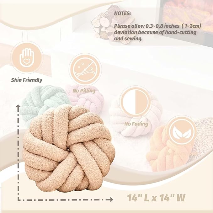 Uvvyui Knot Pillows, 14 Inch Decorative Throw Pillows Round Pillows Cushion, Soft Handmade Knotted Ball Pillow Plush Cushion Home Decor for Bed Couch Living Room (Beige, 14 Inch)