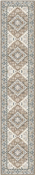 Lessymo 2 x 10 Long Runner Rug for Hallway, Washable Entryway Rugs Boho Faux Wool Low Pile Rug for Kitchen, Floral Medallion Vintage Rugs with Non-Slip Rubber, Brown Beige