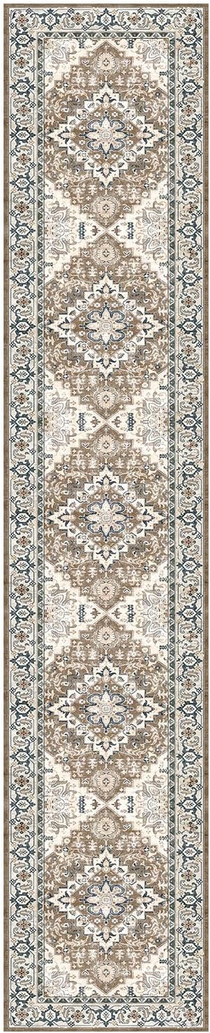 Lessymo 2 x 10 Long Runner Rug for Hallway, Washable Entryway Rugs Boho Faux Wool Low Pile Rug for Kitchen, Floral Medallion Vintage Rugs with Non-Slip Rubber, Brown Beige