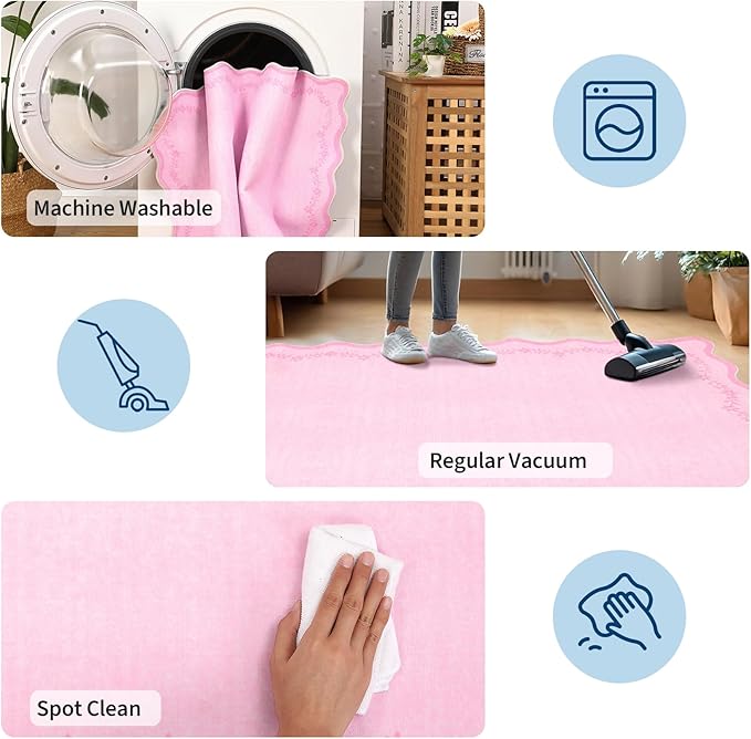 GarveeHome 4x6 Pink Valentines Scalloped Washable Area Rug for Girls Bedroom, Solid Floral Soft Nursery Rug Non Slip Low Pile Small Carpet Stain Resistant Throw Rug for Dorm Kids Room Dining Room