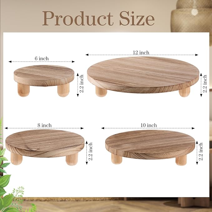 Sintuff 4 Pack Mini Wooden Plant Stool Display Wood Cake Stand 12/10/8/6 Inch Round Plant Risers Holder for Flower Pot Wooden Stool Indoor Outdoor Wood Stand(Beige)
