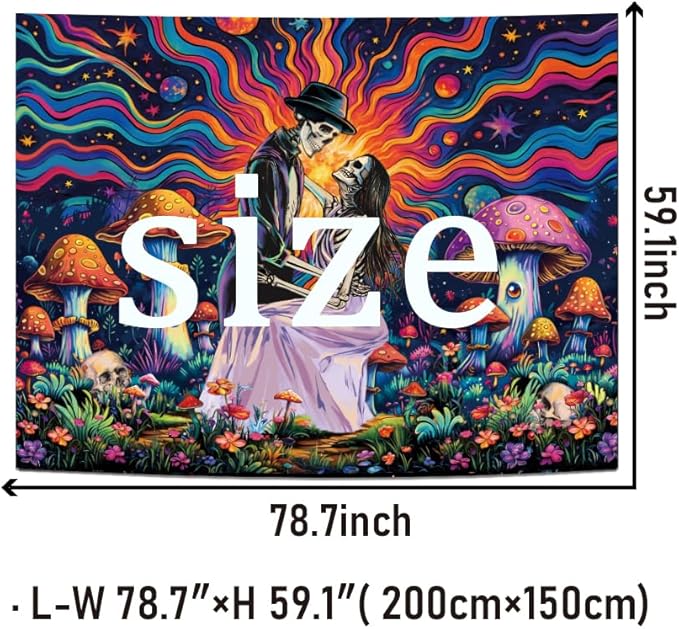 Heopapin Blacklight Skeleton Couple Tapestry UV Reactive The Lovers Skull Mushroom Wall Hanging Tapestry Romantic Cosmos Galaxy Aesthetic Tapesties for Living Room Bedroom 78.7L x 59.1W