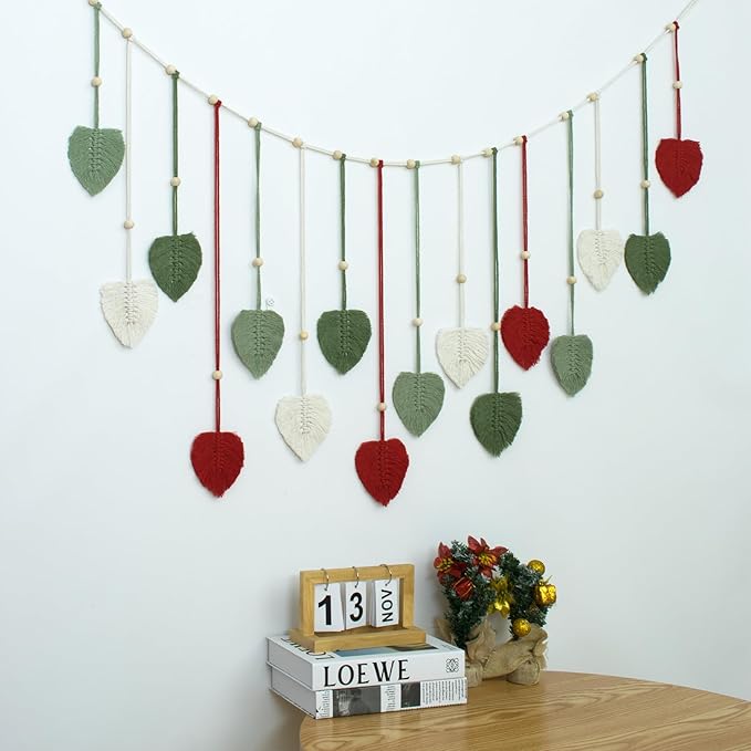 EOBTAIN Macrame Leaf Wall Hanging Large,Boho Red and Green Leaves Woven Tapestry Christmas Home Decor,Handcrafted Tassels Textile Feather Wall Art Decor for Nursery Living Room Bedroom Chic Decoration