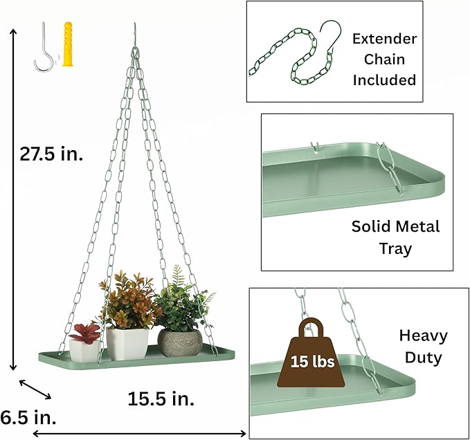 Shinehola Hanging Planters for Indoor Outdoor Plants (Length - 15.5"), Plant Hanger Indoor | Large Metal Hanging Plant Holder, Hanging Planter Shelf, No Plant/Pot Included (Green, 1-Tier)