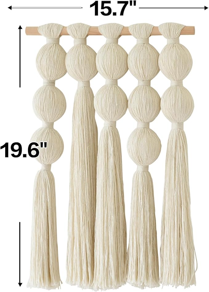 Flber Macrame Wall Hanging with Geometric Yarn Spheres, Handwoven Cotton Tassel Art for Boho Bedroom or Living Room Wall Decor 15.7" W x 19.6" L