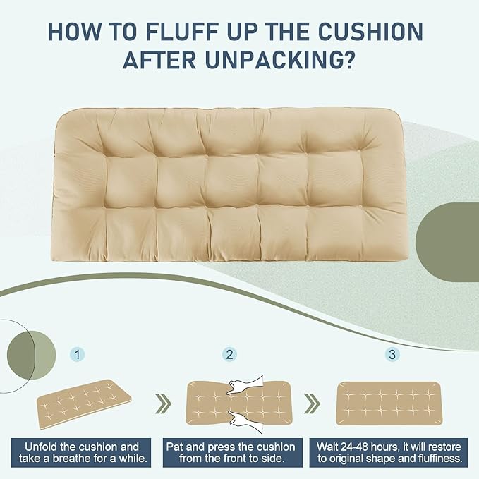 downluxe Outdoor Bench Cushion for Patio Furniture, Water Resistant Tufted Overstuffed Porch Swing Cushions, Thick Outdoor Loveseat Cushions, 59" x 18" x 5", Khaki, Set of 1
