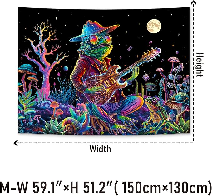 Galoker Blacklight Frog Tapestry Fantasy Neon Mushroom Tapestries UV Reactive Plant Floral Wall Tapestry Galaxy Space Tapestries Wall Hanging for Home Decor(H51.2×W59.1 inches)