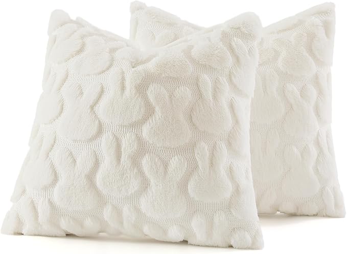 decorUhome Easter Bunny Pillow Covers 20x20 Inch Set of 2, Soft Plush Faux Wool Jacquard Cream White Rabbit Cushion Covers, Farmhouse Neutral Spring Easter Holiday Decor for Couch Sofa Bed