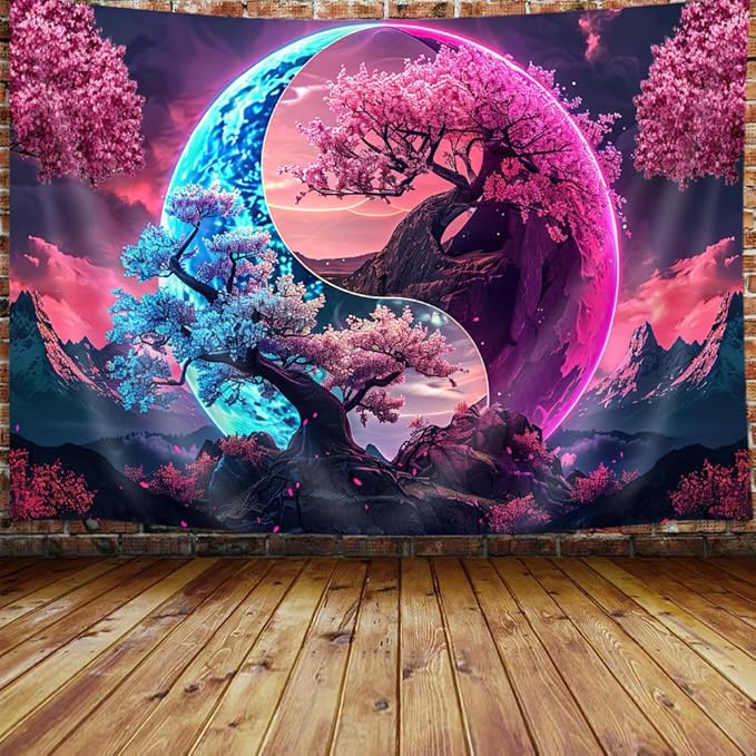 JAWO Tree Life Tapestry Aesthetic, Colorful Pink Flowers Sun and Moon Art Tapestry Wall Hanging for Girls Bedroom, Cool Nature Galaxy Yin Yang Anime Tapestries Poster of Dorm Home Decor 80X60 Inches
