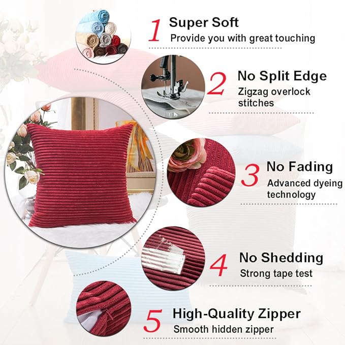 Home Brilliant Pillow Covers 18x18 Decorative Throw Pillows for Couch Dark Red Soft Plush Corduroy Striped Throw Pillow Covers Set of 2 for Sofa Couch Bed, 18 x 18 Inch, Burgundy