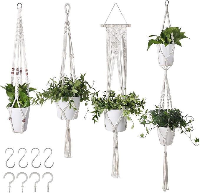 Flexzion Hanging Macrame Plant Holder - 4-Set Pot Hangers for Plants, Boho Hanging Planters for Indoor Use, Handwoven Cotton Rope Plant Hanger Set with C & S Hooks (Plant & Pot Not Included)