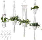 Flexzion Hanging Macrame Plant Holder - 4-Set Pot Hangers for Plants, Boho Hanging Planters for Indoor Use, Handwoven Cotton Rope Plant Hanger Set with C & S Hooks (Plant & Pot Not Included)