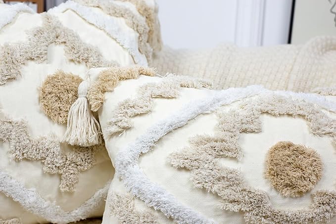Decorative Farmhouse Throw Pillow Covers 24 x 24,Modern Neutral Couch Pillow Cover,Cotton Checked Pattern Boho Large Pillow Case Cover for Couch Bed Sofa Bedroom,Khaki&Beige&White