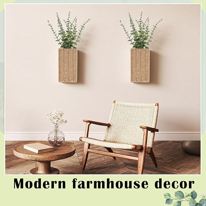 2 Pack Woven Wall Vase with Artificial Eucalyptus Boho Wall Basket Hanging Decor Rustic Pocket Planter Flower Vase for Indoor Living Room Bedroom Home Office Kitchen Decoration