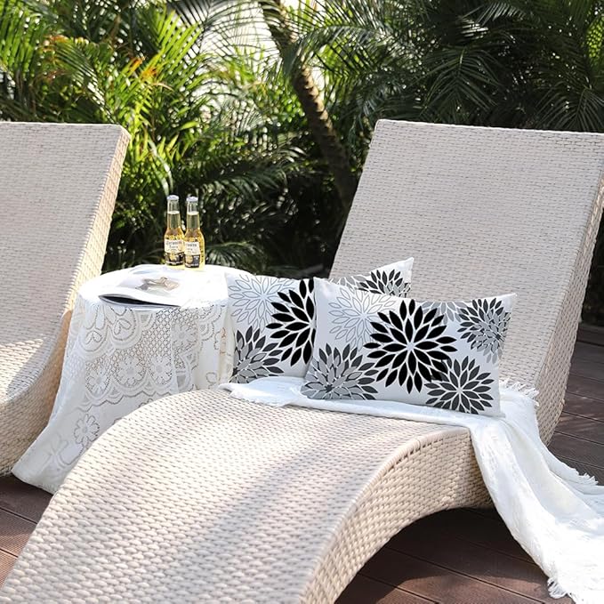 DFXSZ Black Grey Flower Pillow Covers 12x20 Inch Set of 2 White Gray Colored Throw Pillows Outdoor Waterproof Decor for Living Room Sofa Patio Funiture Garden Floral Polyester Pillow Covers 002I12
