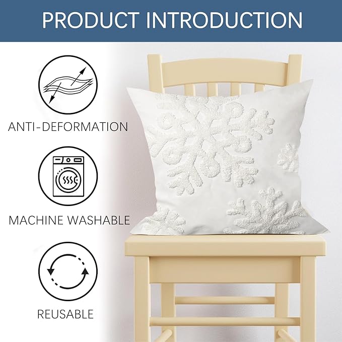 Winter Snowflake Embroidery Decorative Throw Pillow Covers 18 x 18 Set of 2, Tufted Snow Porch Outdoor Home Decor, Plush Faux Fur Jacquard Sofa Couch Cushion Case