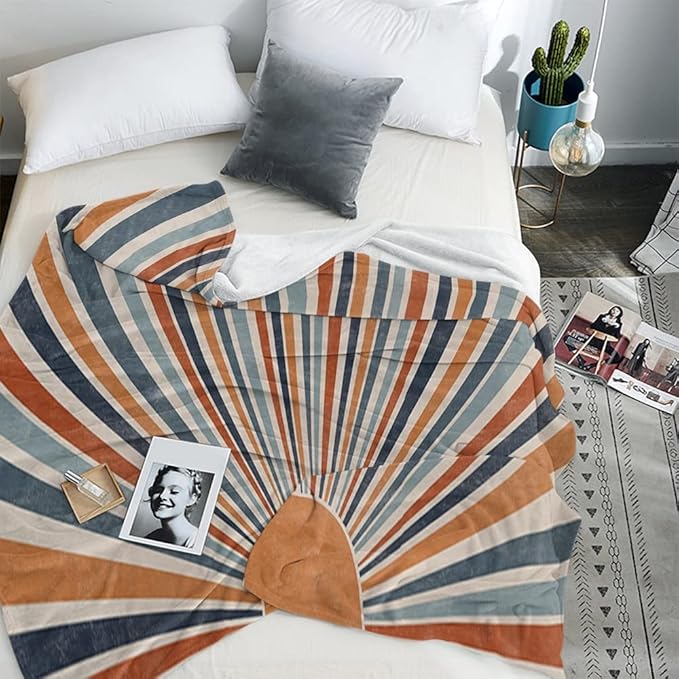Boho Colorful Sunrise Throws Blankets Abstract Mid Century Modern Throw Blanket Minimalist Sun Boho Leaves Aesthetic Soft Warm Bed Bedding Women Blankets for Bedroom Sofa Office 40"x50"