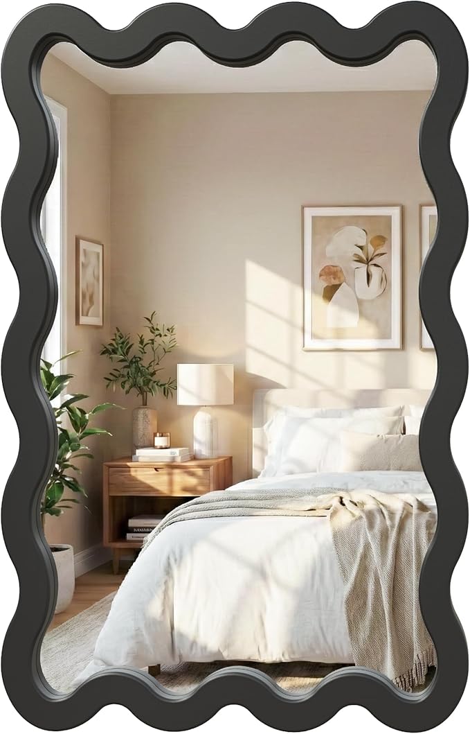 24"x36" Matte Black Wavy Wall Mirror for Bathroom Vanity, Large Solid Wood Asymmetrical Mirror, Irregular Squiggle Mirror for Bedroom, Modern Funky Aesthetic Decor