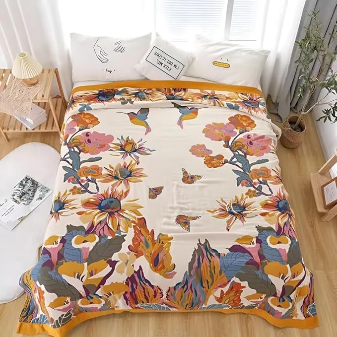Boho Blanket for Bed 100% Cotton Bohemian Throw Blankets Ultra Soft Woven Muslin Decorative Blankets All Seasons Vintage Quilt Knitted Blanket for Sofa Chair(Yellow, 80"x90")