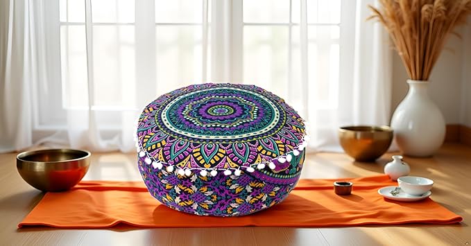 CRAFT KALA Large Hippie Mandala Meditation Floor Ottoman Pillow Cushion Pouf Cover Square Poufs Bohemian Circle Floor Cushion Case Outdoor Fireplace Yoga Living Room Decor Cover New Pink, 24" Round