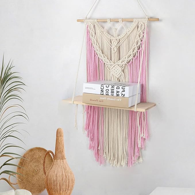 HVEST Pink Macrame Wall Hanging Shelf Boho Wall Decor Floating Storage Book Shelf Pink and Beige Handmade Woven Tapestry for Bedroom Living Room Dorm Nursery Bathroom Wall Art Macrame Plant Hanger