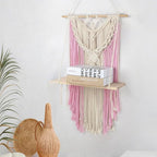 HVEST Pink Macrame Wall Hanging Shelf Boho Wall Decor Floating Storage Book Shelf Pink and Beige Handmade Woven Tapestry for Bedroom Living Room Dorm Nursery Bathroom Wall Art Macrame Plant Hanger