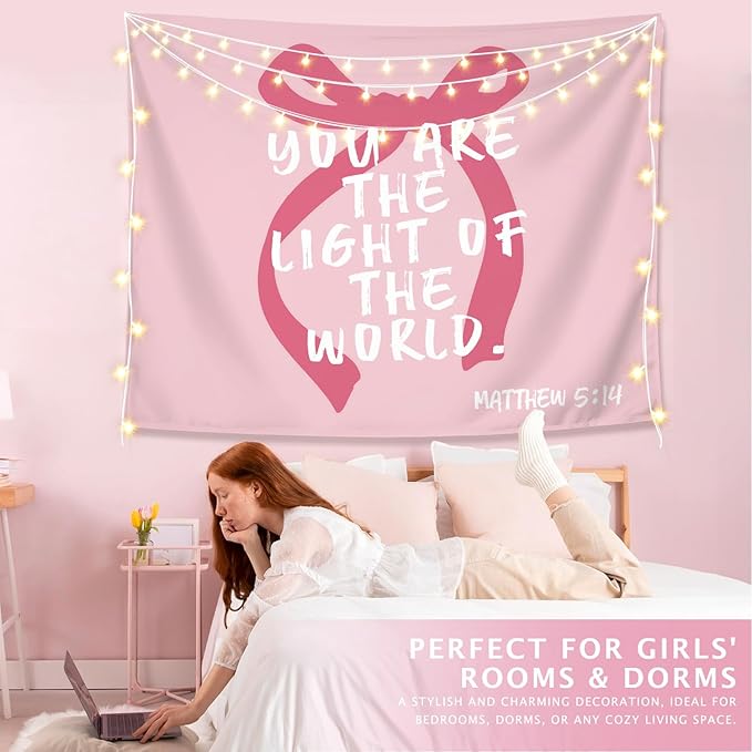 LIANGW Pink Coquette Bow Christian Tapestry, Inspirational Christian Tapestry for Women, Indoor Outdoor Wall Art for Bedroom, Girl Room Decoration Living Room Bedroom 50x60 inches