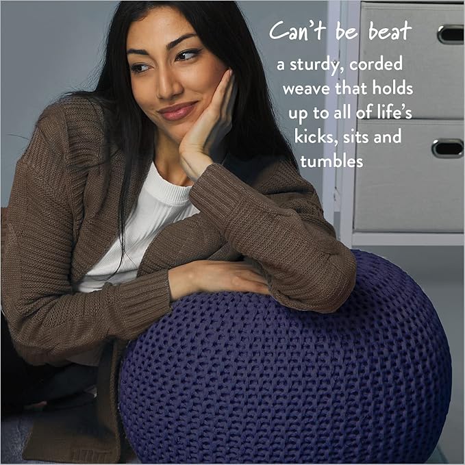 Urban Lifestyle Round Knit Pouf - Hand Woven Cotton, Navy