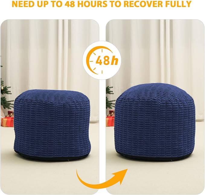 Round Stuffed Pouf Ottoman for Foot Rest, Storage Ottoman Pouf Foot Stool Cushion, Faux Fur Poufs with Foam Chunk Filling, 26 X 18 Inch Floor Chair for Living Room Bedroom Home Decor, Navy Blue