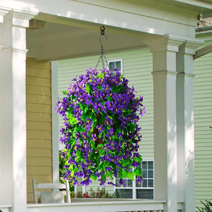 INQCMY Artificial Hanging Flowers in Basket for Spring Patio Garden Decoration, Faux Silk Violet in Planter UV Resistant Realistic for Outside Home Porch Balcony Yard Decor(Purple)