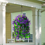 INQCMY Artificial Hanging Flowers in Basket for Spring Patio Garden Decoration, Faux Silk Violet in Planter UV Resistant Realistic for Outside Home Porch Balcony Yard Decor(Purple)
