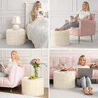 Hansleep Round Pouf Ottoman Foot Rest, 17 x 14 Small Faux Fur Stuffed Pouf for Chair, Foam Filled Foot Stools Ottomans for Living Room, Beige