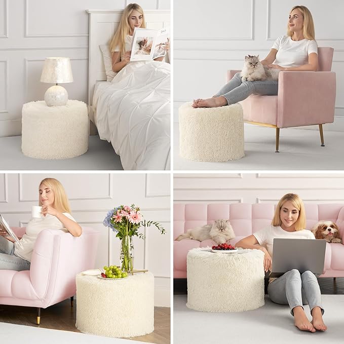 Hansleep Round Pouf Ottoman Foot Rest, 17 x 14 Small Faux Fur Stuffed Pouf for Chair, Foam Filled Foot Stools Ottomans for Living Room, Beige