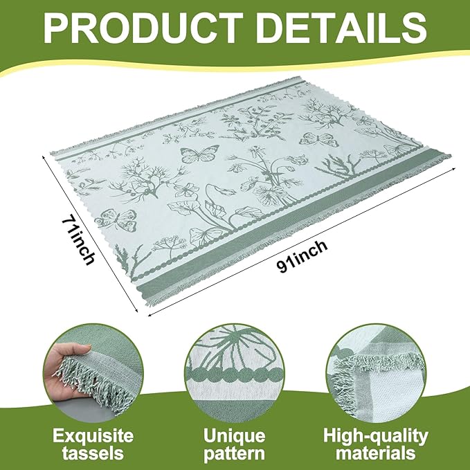 91x 71 in Extra Large Outdoor Picnic Blanket with Waterproof Mat Oversize Beach Woven Cotton Yarn Blanket with Fringe Machine Sandproof for Spring Summer Camping Beach Park(Plants,Green)
