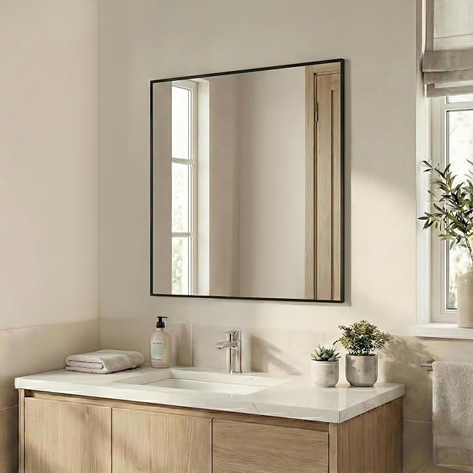 30''x30'' Square Black Bathroom Mirror, Matte Metal Framed Wall Mirror, Modern Geometric Vanity Mirror for Double Sink, Farmhouse Decor, Flush Mount