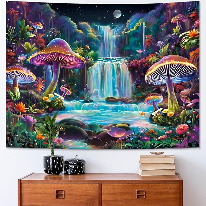 Dermijer Blacklight Tapestry Fantasy Mushroom Forest Tapestry UV Reactive Waterfall Tapestries Moon Night Neon Flower Landscape Wall Hanging for Home Decor L92.5×W70.8