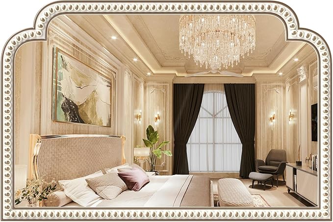36x24 Inch Farmhouse Beaded Arched Wooden Wall Mirror, Boho Decorative Mirrors for Living Room, Bedroom, Entryway, Fireplace