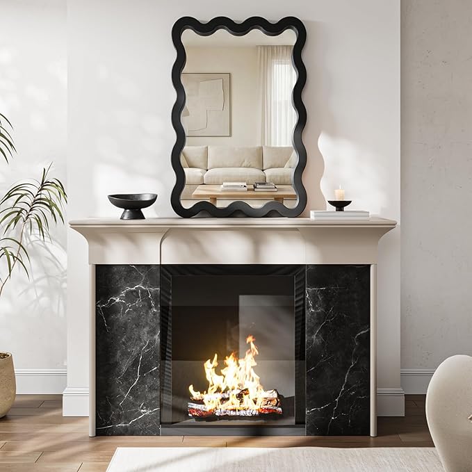 22"x30" Matte Black Wavy Wall Mirror for Powder Room & Vanity, Solid Wood Squiggle Mirror, Small Asymmetrical Irregular Mirror, Funky Aesthetic Decor, Vertical/Horizontal
