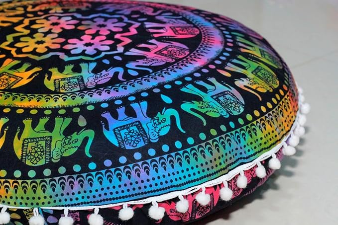 CRAFT KALA 32" Round Mandala Boho Pillow Cover Meditation India Room Seating Poufs Cover for Living Room Yoga Home Décor Bedroom Balcony Garden Decoration Cotton Floor Cushion Cover Multi U.P Elephant