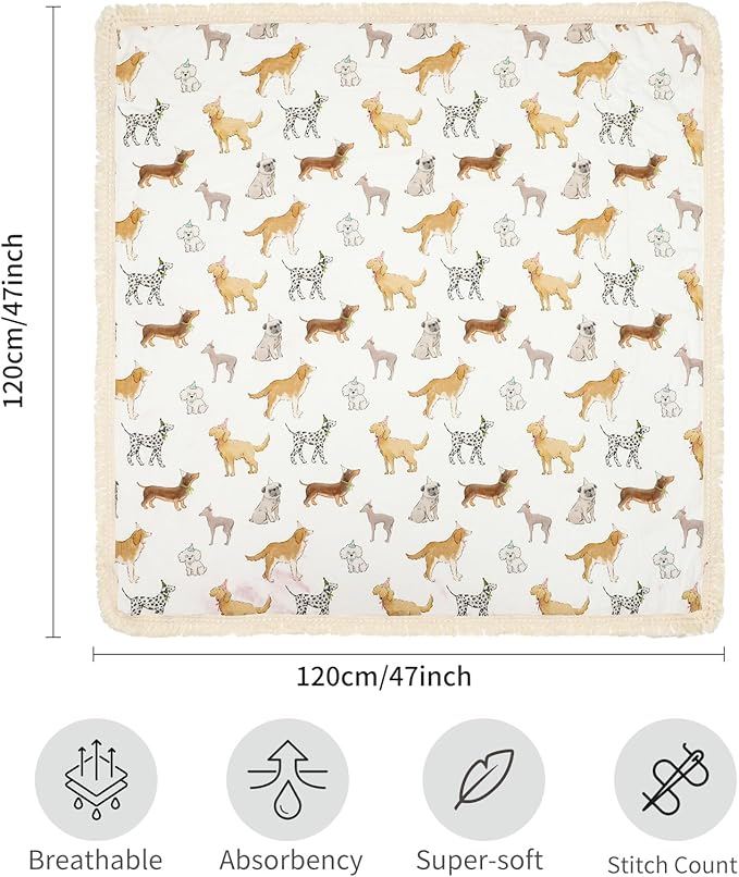 insular Cotton Muslin Baby Blanket with Tassel, Boho Bohemian Muslin Swaddle Blanket Baby Receiving Blanket with Fringe, Nursery Decor Throw or Nursing Blankets, 47" x40”, Party Dogs